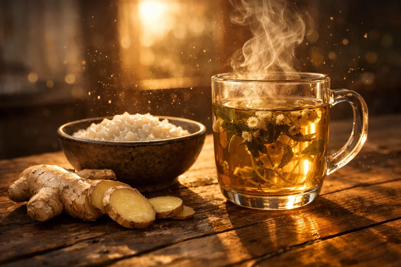 Low-angle still life composition on a rustic wooden table at sunset with a glass of warm herbal infusion, a small bowl of plain rice porridge, and a sliced ginger root placed nearby, delicate steam rising into golden evening light, dust particles glowing in the sunlight, realistic reflections in the glass and moist texture on the ginger surface, cinematic warm tones and peaceful healing atmosphere.
