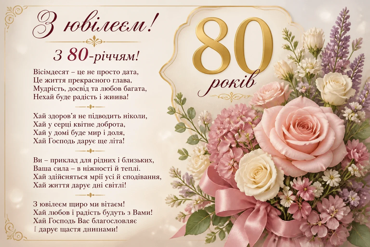 Привітання з 80-річчям для жінки у віршах
